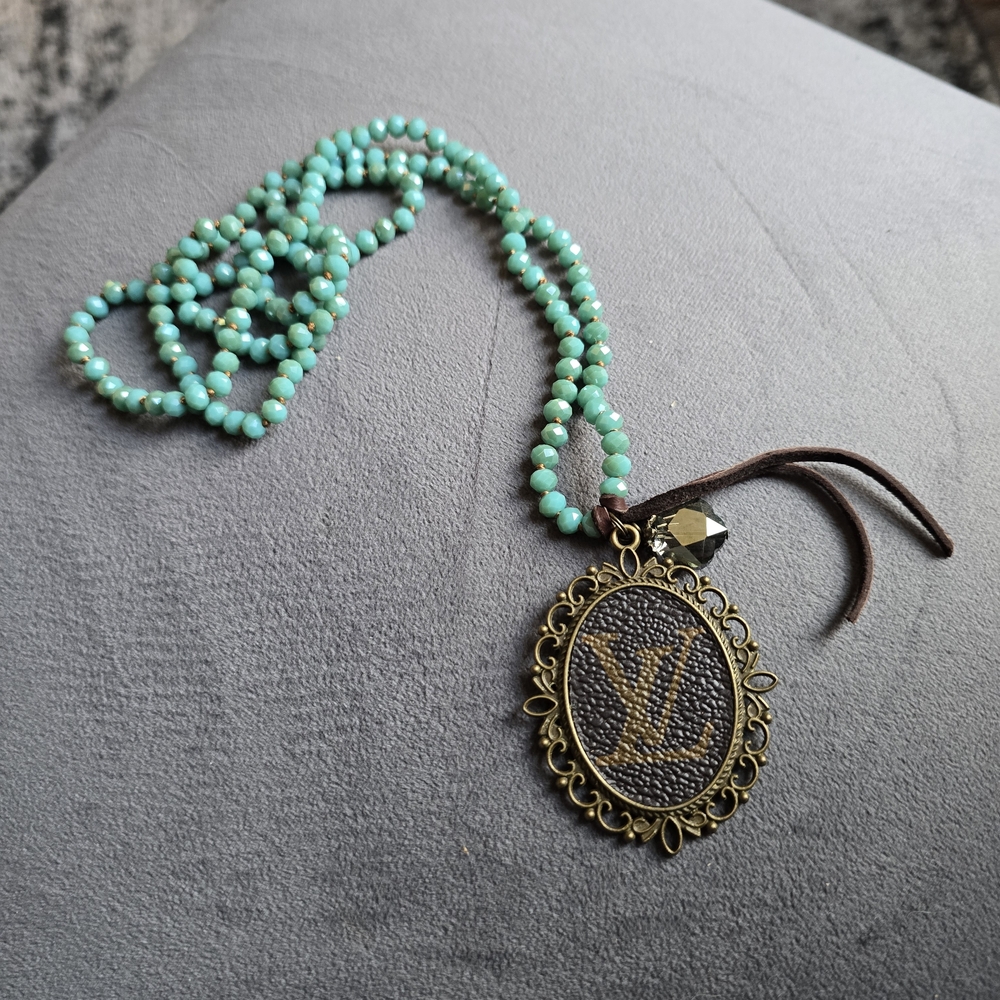 Upcycled Long Turquoise Beaded Necklace W Bronze LV Pendant 36inches - Picture 5 of 10